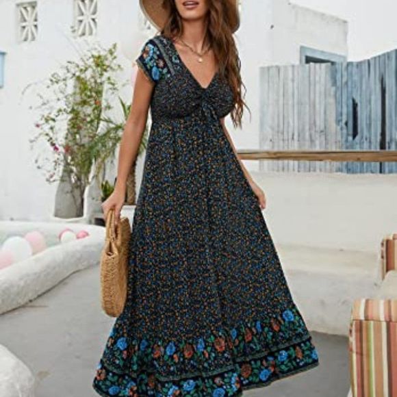 Women's Summer Floral Casual Short Sleeve Flowy Boho Beach Party Long Maxi Dress - Picture 1 of 5
